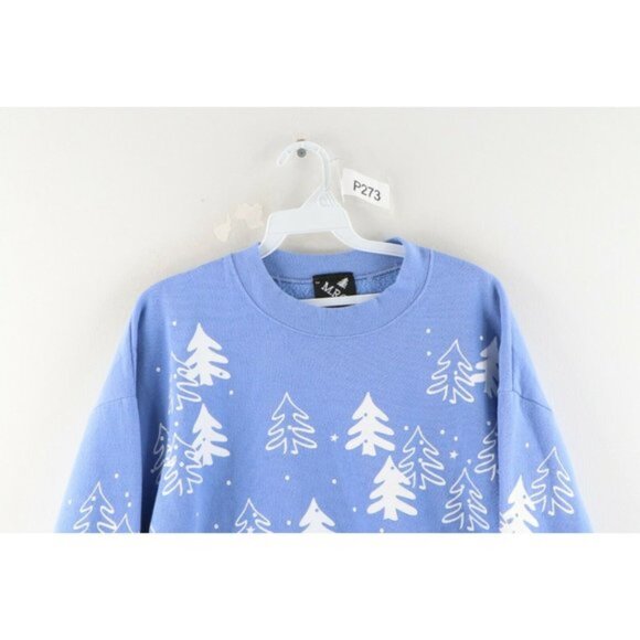 Vintage 90s Michigan Rag Co Womens Large Christmas Tree Print Sweatshirt Blue - Picture 2 of 9
